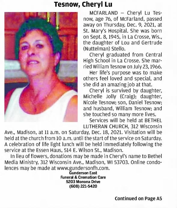 Obituary for Cheryl Lu Tesnow, 1945-2021 (Aged 76)